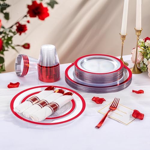 I00000 350 Pcs Clear Red Plastic Plates Set for Wedding Party