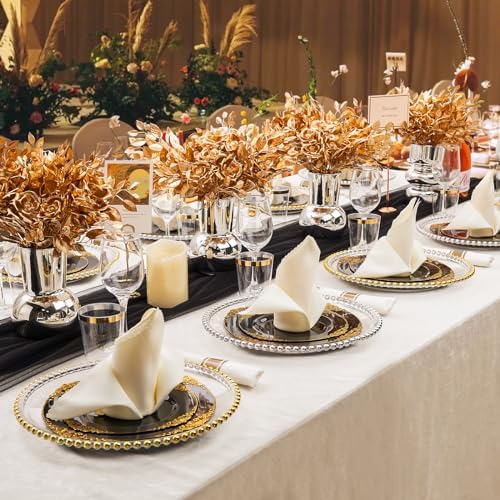 Hioasis 350pcs Black and Gold Plastic Plates Set for 50 Guests