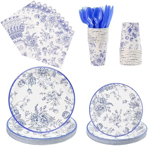 175Pcs Blue Floral Paper Plates and Napkins Party Set