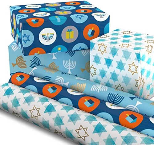 Hallmark Hanukkah Wrapping Paper with Cutlines Blue Gold Star of David