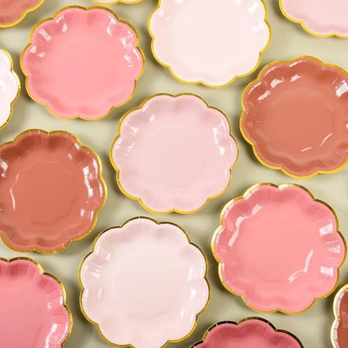 Dusty Pink Gradient Dessert Plates with Gold Foil Edges 7 Inch 48 Count