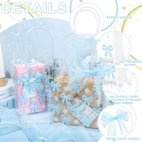 Whaline 12 Pcs Clear PVC Gift Bags with Blue Bowknot and Daisy Design