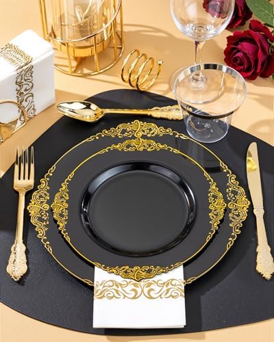 Nervure 350PCS Black Plastic Plates Set for 50 Guests