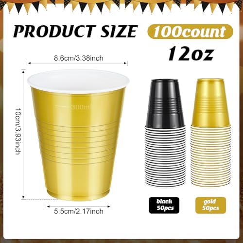 100 Pcs Black and Gold Plastic Cups 12 Oz for Party