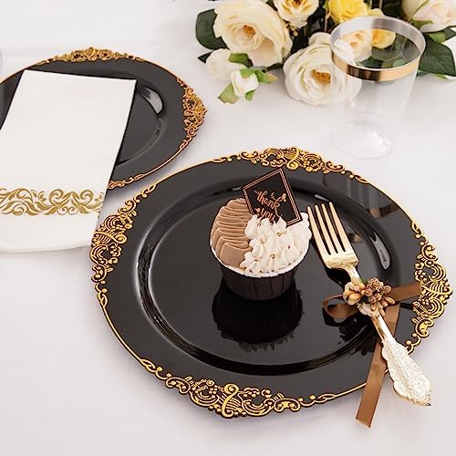 Hioasis 350pcs Black and Gold Plastic Plates Set for 50 Guests