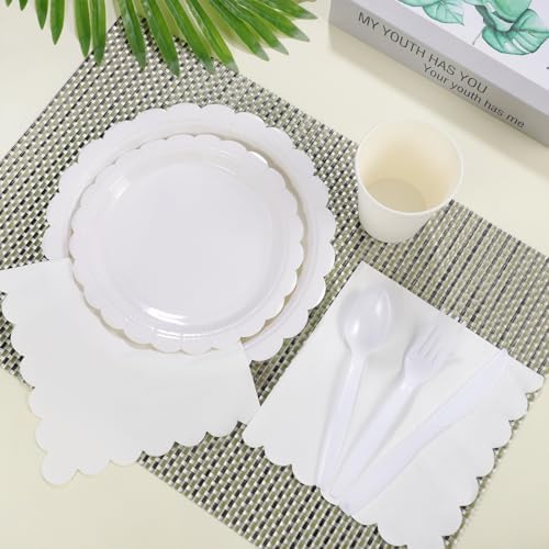 175 Pcs White Party Supplies Set with Plates Cups Napkins Cutlery