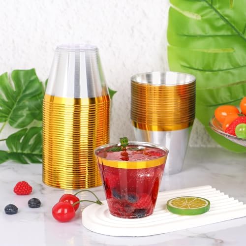 200 Pcs Gold Rim Clear Plastic Cups 9 Oz