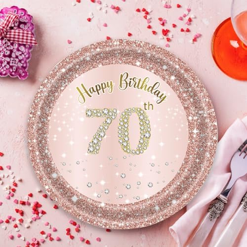 72 Pcs Rose Gold 70th Birthday Party Plates and Napkins Set