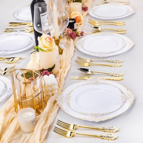 100 PCS White Gold Plastic Plates for 50 Guests