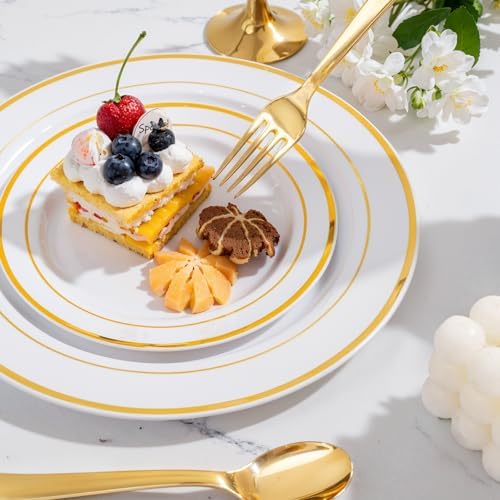WELLIFE 350Pcs White Gold Plastic Plates for 50 Guests