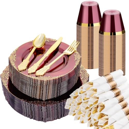 350 PCS Elegant Gold and Burgundy Plastic Dinnerware Set for 50 Guests