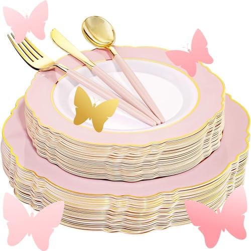 WDF 30 Guest Pink Gold Plastic Plates Set