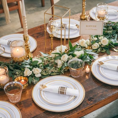 WELLIFE 350Pcs White Gold Plastic Plates for 50 Guests