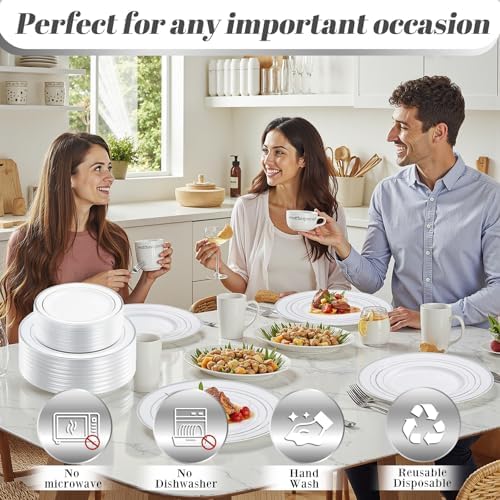 WDF 120PCS Plastic Christmas Plates with Silver Rim