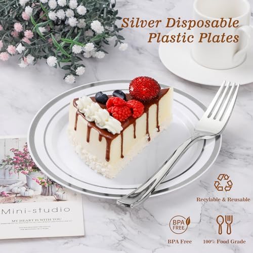 100PCS Silver Rim Plastic Dessert Plate 7 Inch Party Use