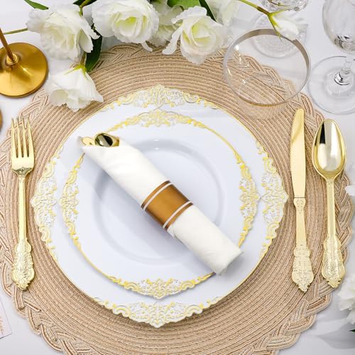 350 PCS White Gold Plastic Plates for 50 Guests