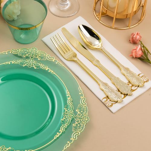 350PCS Clear Green Plastic Plates with Gold Trim for 50 Guests