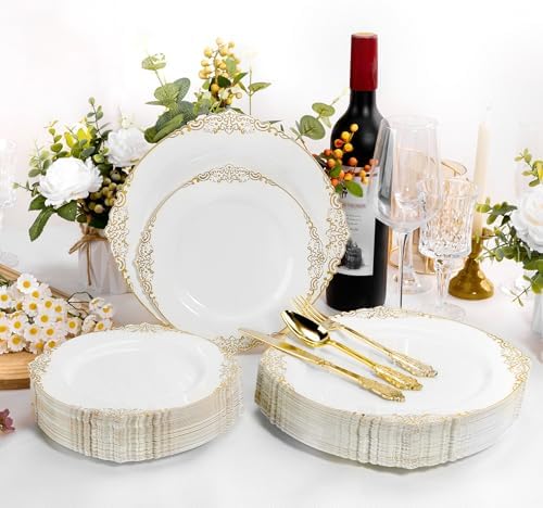 100 PCS White Gold Plastic Plates for 50 Guests