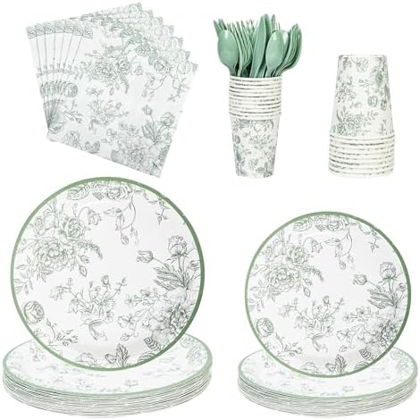 175Pcs Sage Green Floral Party Set Plates Napkins Cups Cutlery