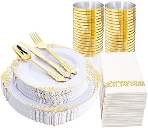 Nervure 175PCS White and Gold Plastic Plates Set