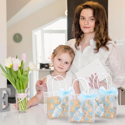 Whaline 12 Pcs Clear PVC Gift Bags with Blue Bowknot and Daisy Design