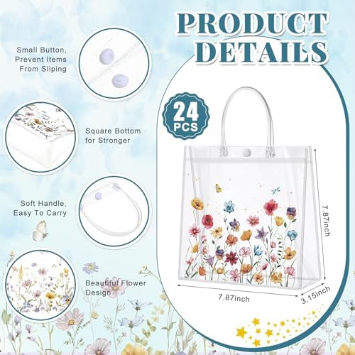 Kacctyen 24 Pcs Wildflower Clear Gift Bags with Handles