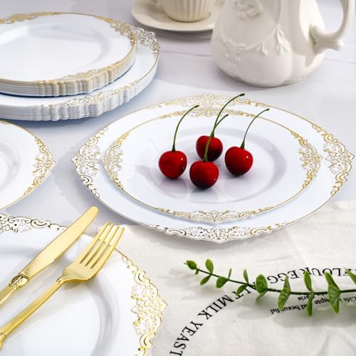 350 PCS White Gold Plastic Plates for 50 Guests