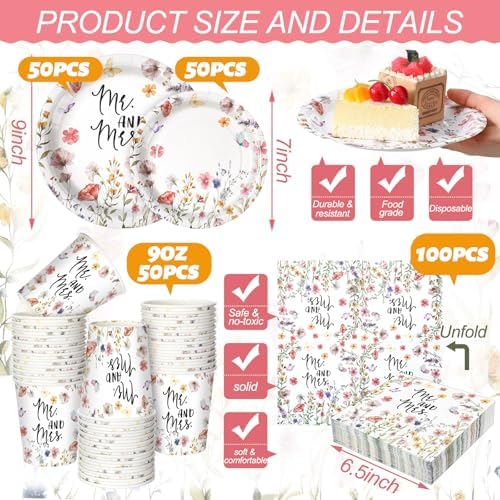 Zhehao 250 Pcs Mr And Mrs Bridal Shower Plates Napkins Set