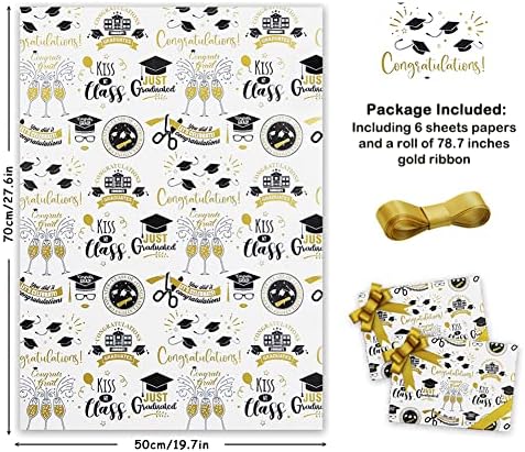 2025 Graduation Wrapping Paper Set 6 Sheets With Gold Ribbon