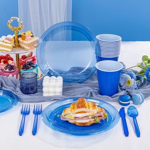 WELLIFE 210Pcs Clear Blue Plastic Plates Set for Party