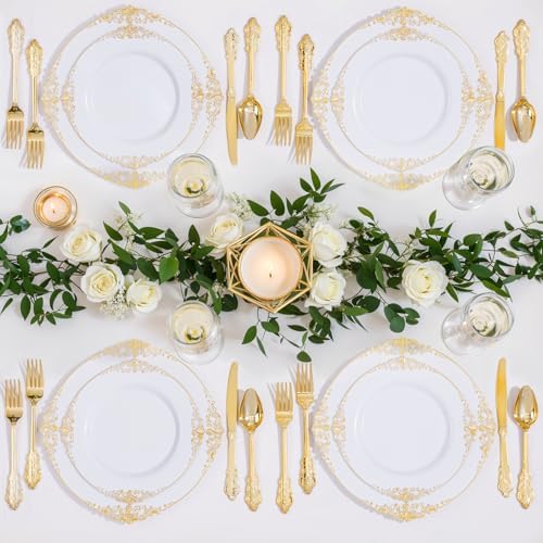 Nervure 175PCS Gold Plastic Plates for 25 Guests Wedding Party Supplies
