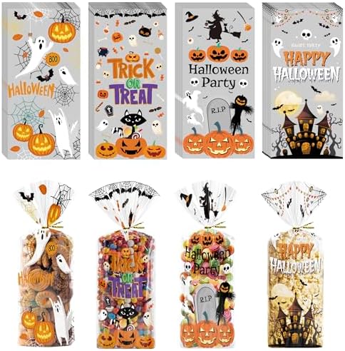 Halloween Treat Bags 120 PCS - Spooky Cellophane Goodie Bags for Kids