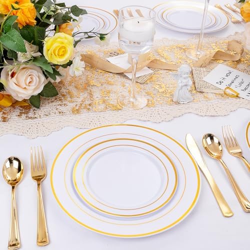 600 Pcs Gold Plastic Plates and Utensils for 100 Guests