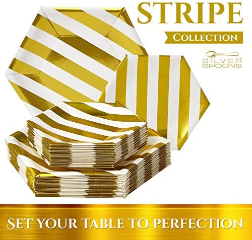 Silver Spoons Disposable Dinnerware Set Stripe Collection 18 Servings White Gold
