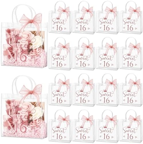 Sweetude 18 Pcs Clear Pink Gift Bags with Handles and Ribbons