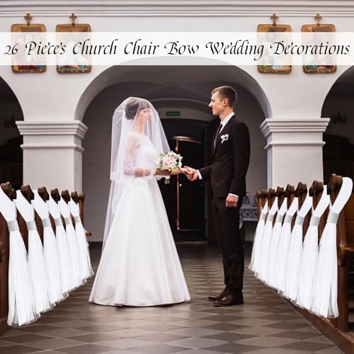 26 Piece White Pew Bows Set with Silver Rhinestone Decorations