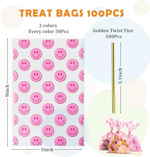 Eunoir 100 Pcs Yellow Red Smile Face Cellophane Bags with Twist Ties