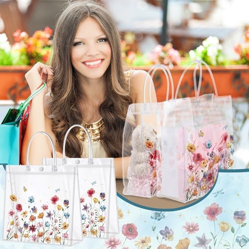 Kacctyen 24 Pcs Wildflower Clear Gift Bags with Handles