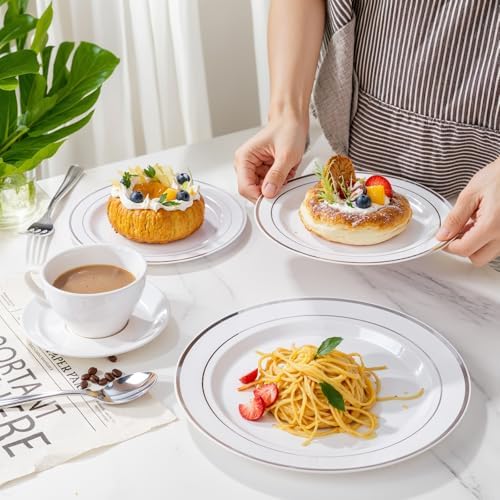 WDF 120PCS Plastic Christmas Plates with Silver Rim