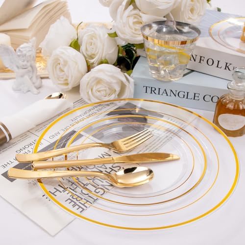 DaYammi 350PCS Clear Gold Disposable Dinnerware Set for 50 Guests
