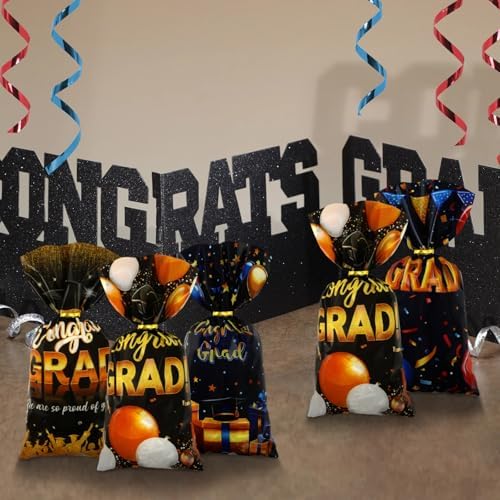 Graduation Cellophane Treat Bags 100pcs Black Gold Congrats Gift Bags