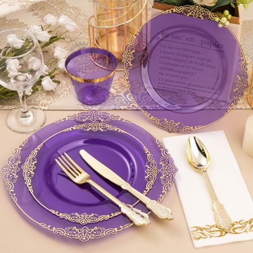350PCS Clear Purple Plastic Plates with Gold Trim for 50 Guests