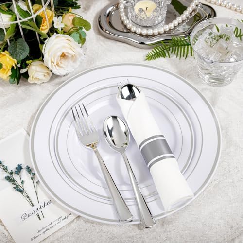 WELLIFE 350Pcs Silver Plastic Plates for 50 Guests - Party Dinnerware Set