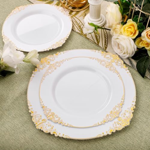 102PCS White and Gold Plastic Plates for Weddings Parties