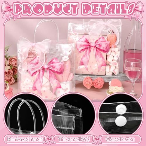 Wesnoy 24 Pcs Pink Bow Clear PVC Gift Bags with Handles