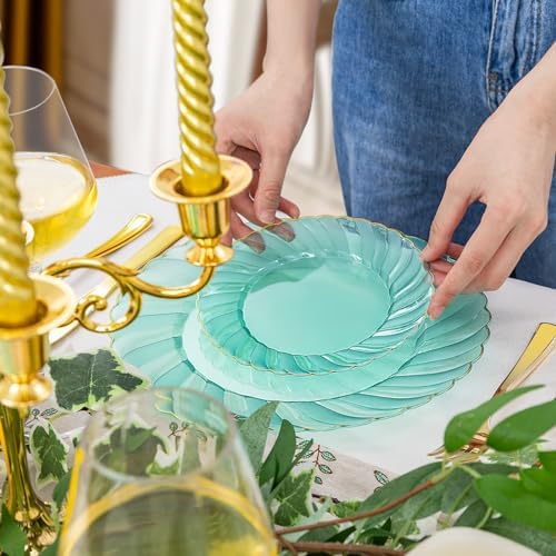 YOUBET 125PCS Clear Green Plastic Plates with Gold Rim
