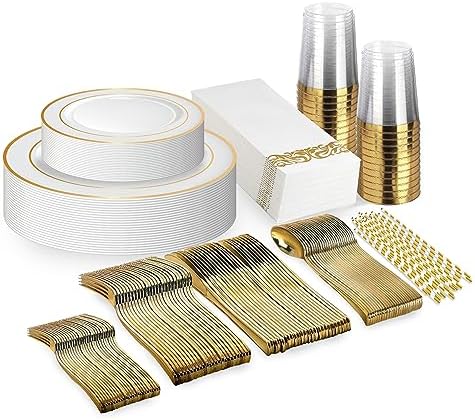Neatiffy 225 Pcs Gold Rim Plastic Dinnerware Set For 25 Guests