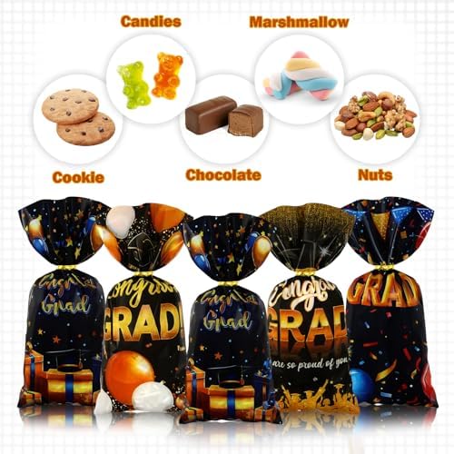 Graduation Cellophane Treat Bags 100pcs Black Gold Congrats Gift Bags