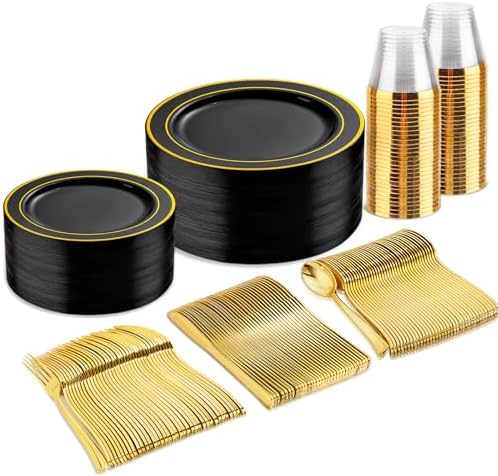 bUCLA 150 Piece Black and Gold Disposable Dinnerware Set for 25 Guests
