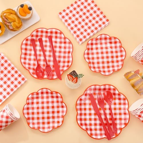 175 Pcs Red Gingham Plates Napkins Party Supplies Set
